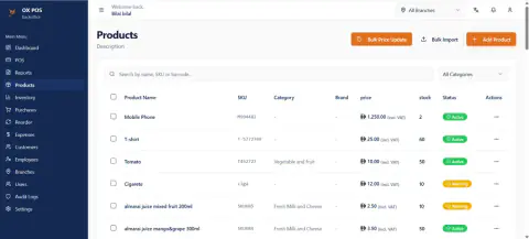 OxPOS products screen with stock levels and prices