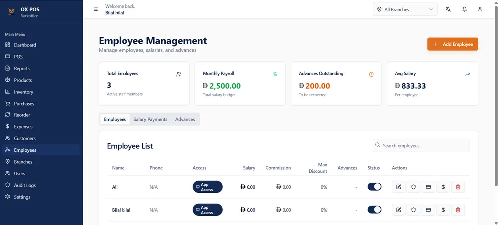 OxPOS employee management with payroll and advances