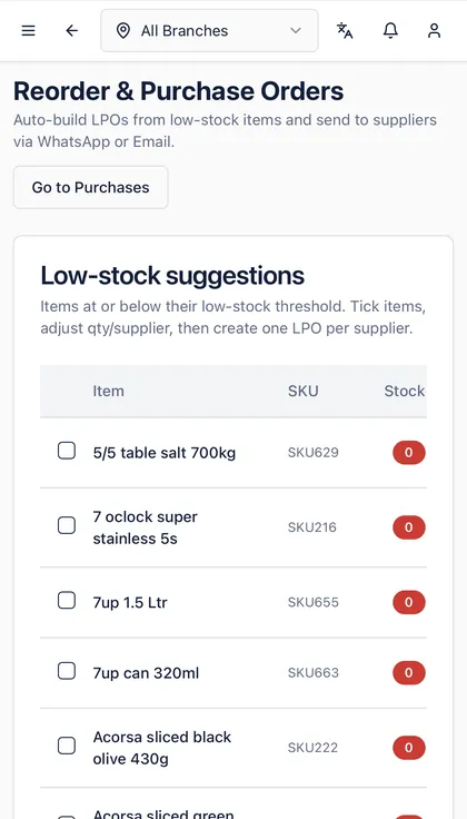 OxPOS reorder suggestions on a phone